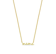 Vertical gold Mama drop necklace with delicate lowercase lettering. birthstone necklace